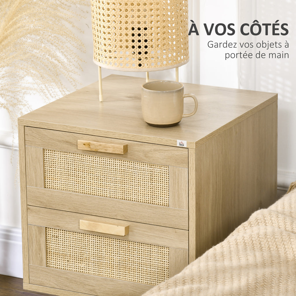 Lot de 2 tables de chevet tables d'appoint 2 tiroirs façades aspect cannage rotin style bohème 40 x 40 x 56 cm naturel-6