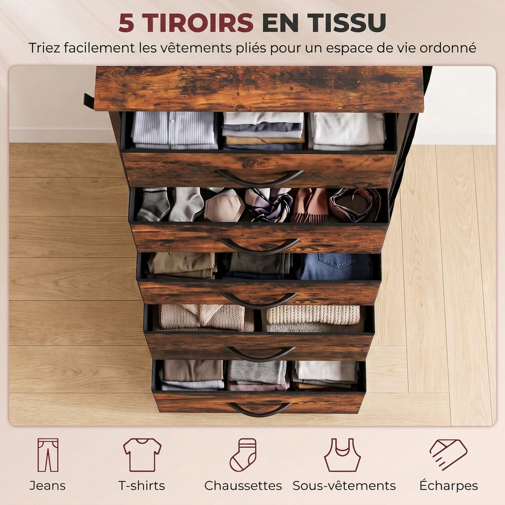 Commode 5 Tiroirs en Tissu Pliables, Commode Chambre Adulte avec Poches Latérales et 2 Crochets, Brun Rustique-3