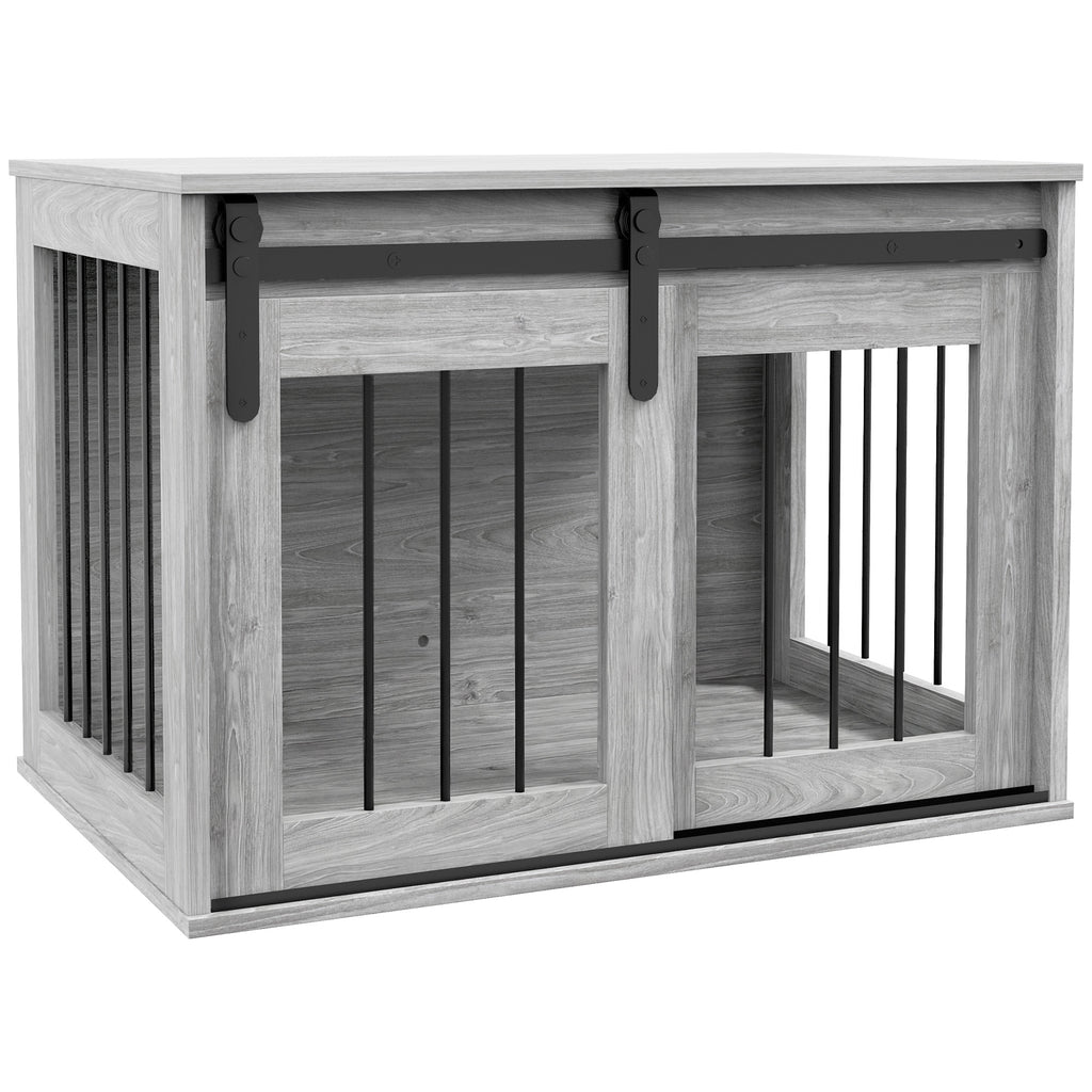 Cage caisse pour chien animaux intérieur porte coulissante, métal effet bois, dim. 57H x 80L x 54l cm-0