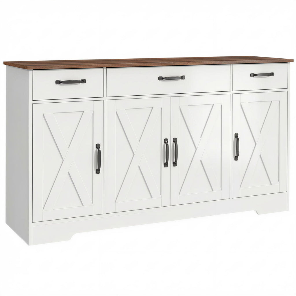 Buffet, meuble de rangement cuisine style ferme avec 4 portes de grange, 3 tiroirs, étagères ajustables, blanc-0