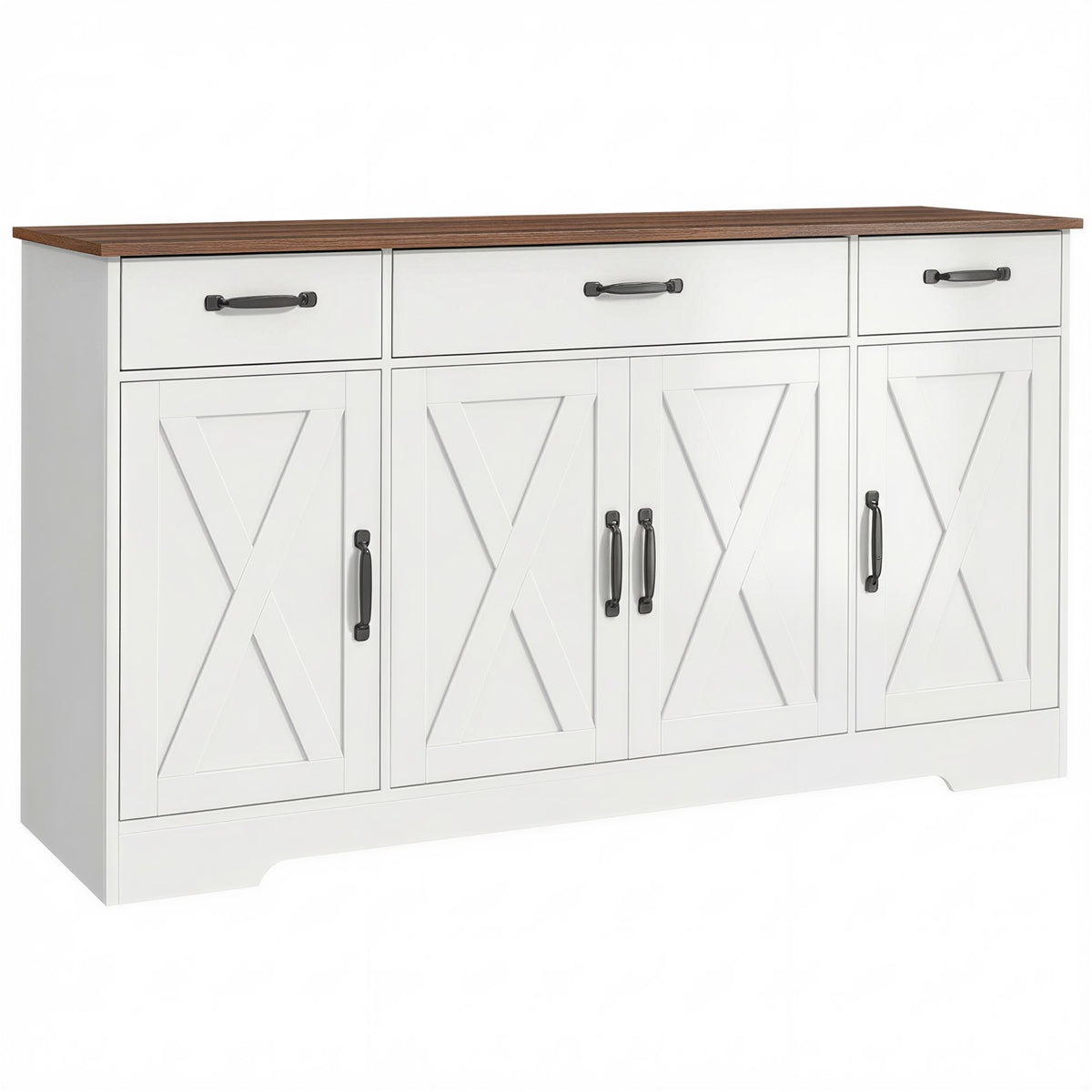 Buffet, meuble de rangement cuisine style ferme avec 4 portes de grange, 3 tiroirs, étagères ajustables, blanc-0