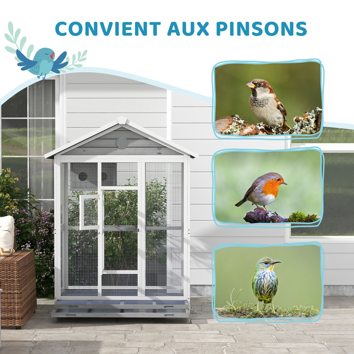 Grande cage oiseau volière à oiseaux intérieur exterieur, 4 perchoirs 112 x 68 x 154 cm gris-7