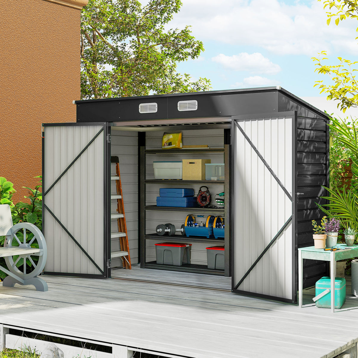 Abri de Jardin 2,7 m², Dim. 249 x 121 x 183 cm gants inclus portes doubles verrouillables ventilations tôle acier gris-1