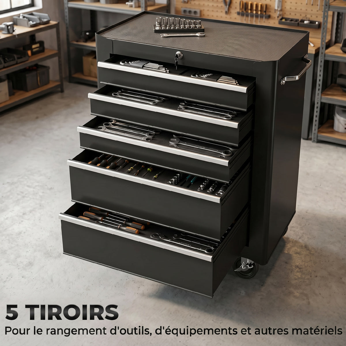 Chariot à outils sur roulettes, Servante d'atelier en acier 5 tiroirs verrouillable 2 clés, 61,5 x 33 x 82,5 cm, noir-3