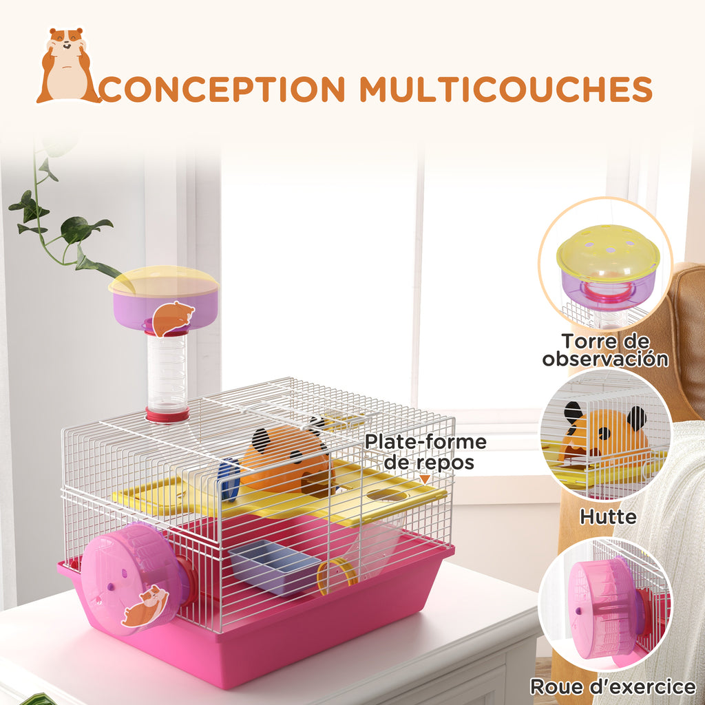Cage à hamster rat rongeur multicolore avec plateforme, biberon eau, roue, maisonnette, 34 x 27 x 25 cm, rose-4