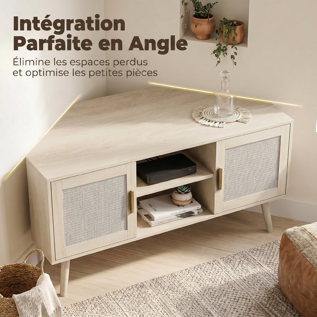 Meuble TV d'Angle 115 cm, Meuble Télé pour Téléviseur jusqu'à 65 Pouces, 2 Portes en Rotin  2 Compartiments, Chêne-3