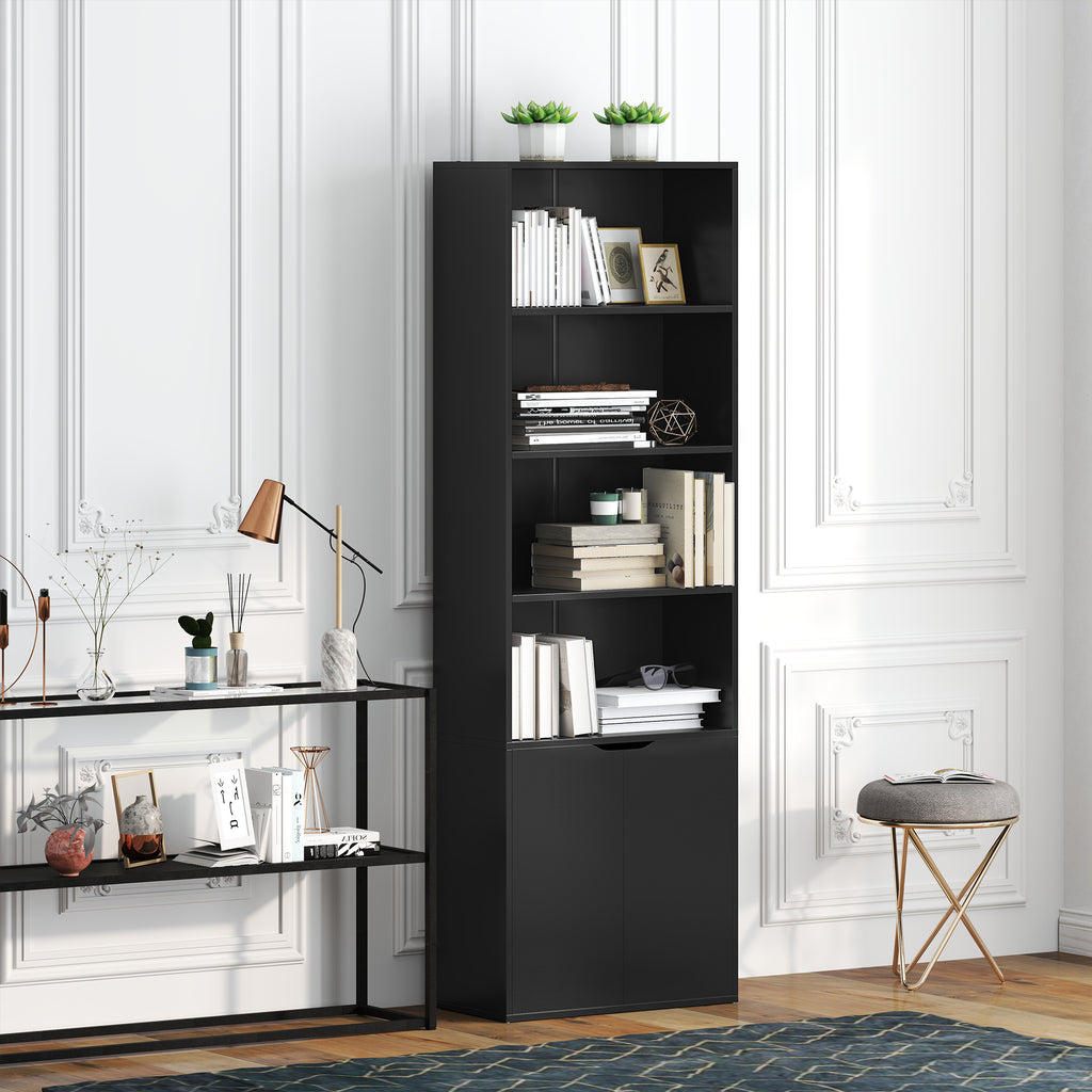 Bibliothèque Armoire à livres avec 4 compartiments ouverts et 2 portes pour le salon et le bureau 59x29x180 cm Noir-6