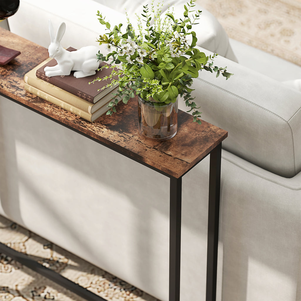 Table console étroite style industriel avec prises de courant et USB, pour salon entrée couloir, 160x20x80cm, marron-8