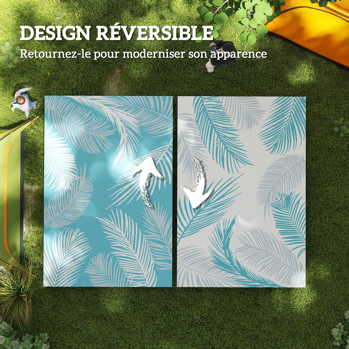 Tapis d'extérieur réversible 274x182 cm, tapis de sol en PP résistant aux intempéries, sac de transport, bleu-3