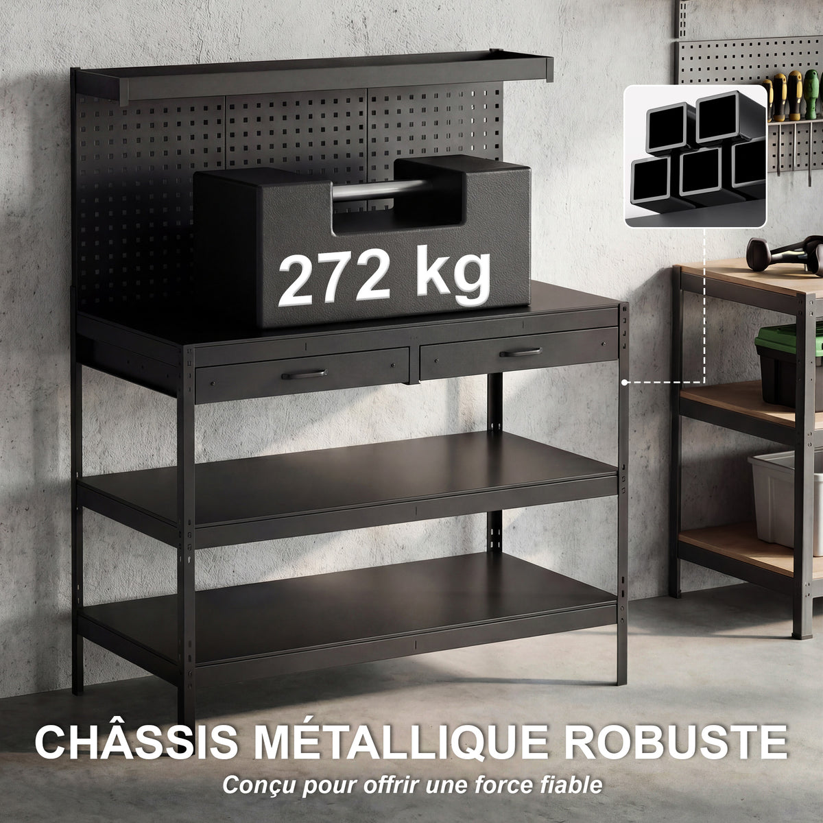 Établi d'Atelier, Charge Max. 272 kg, 122x61x156 cm, Panneau Perforé, 2 Tiroirs et 2 Étagères Réglables, Noir-4