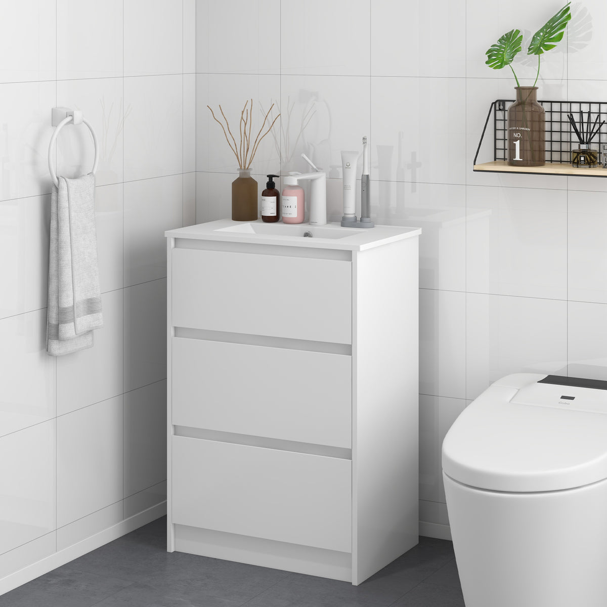 Meuble de salle de bain avec 2 tiroirs et vasque en céramique de synthèse 61 x 37 x 88 cm blanc brillant laqué-1