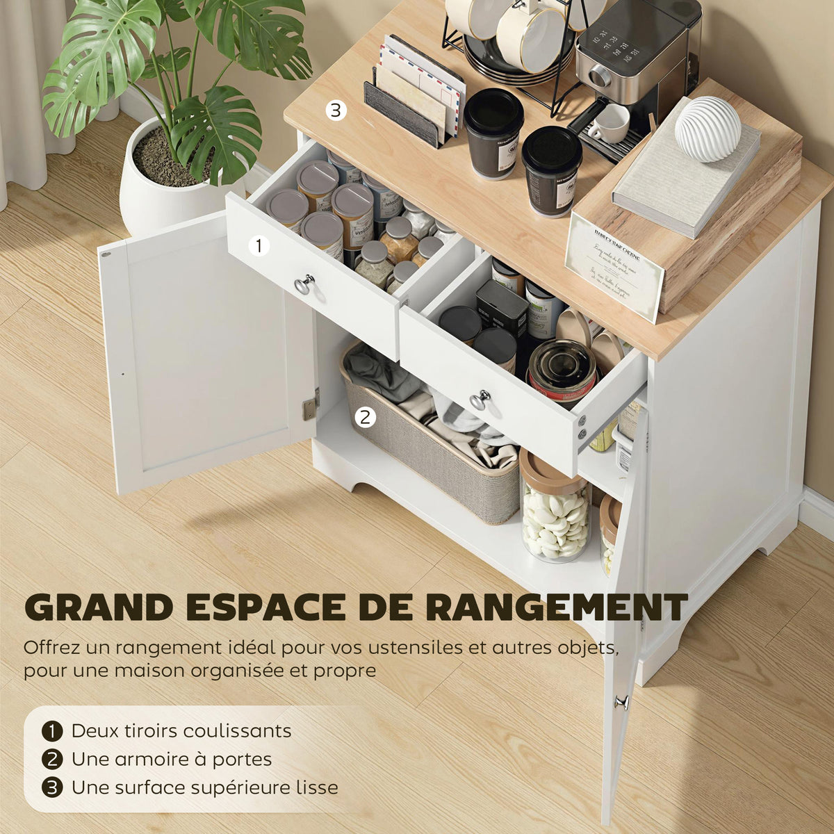 Meuble de rangement buffet salon avec placards à portes, 2 tiroirs et étagère réglable, armoire de rangement pour salon, cuisine, chambre, blanc et bois naturel-3