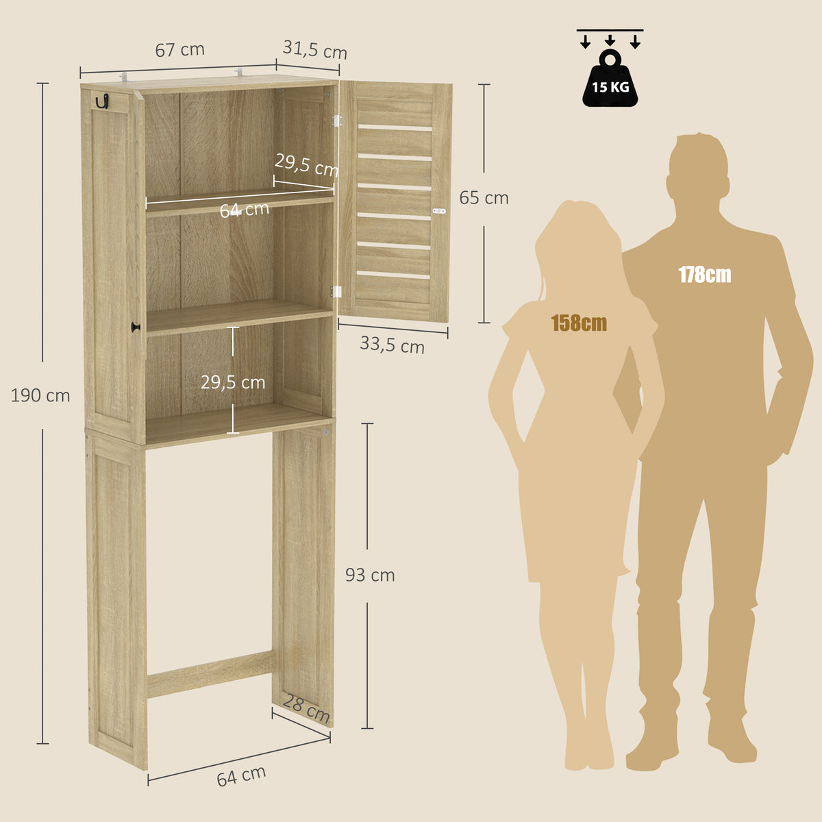 Meuble WC dessus de toilette/machine à laver avec placard à porte double, portes à persiennes, 67x31,5x190cm, chêne-2