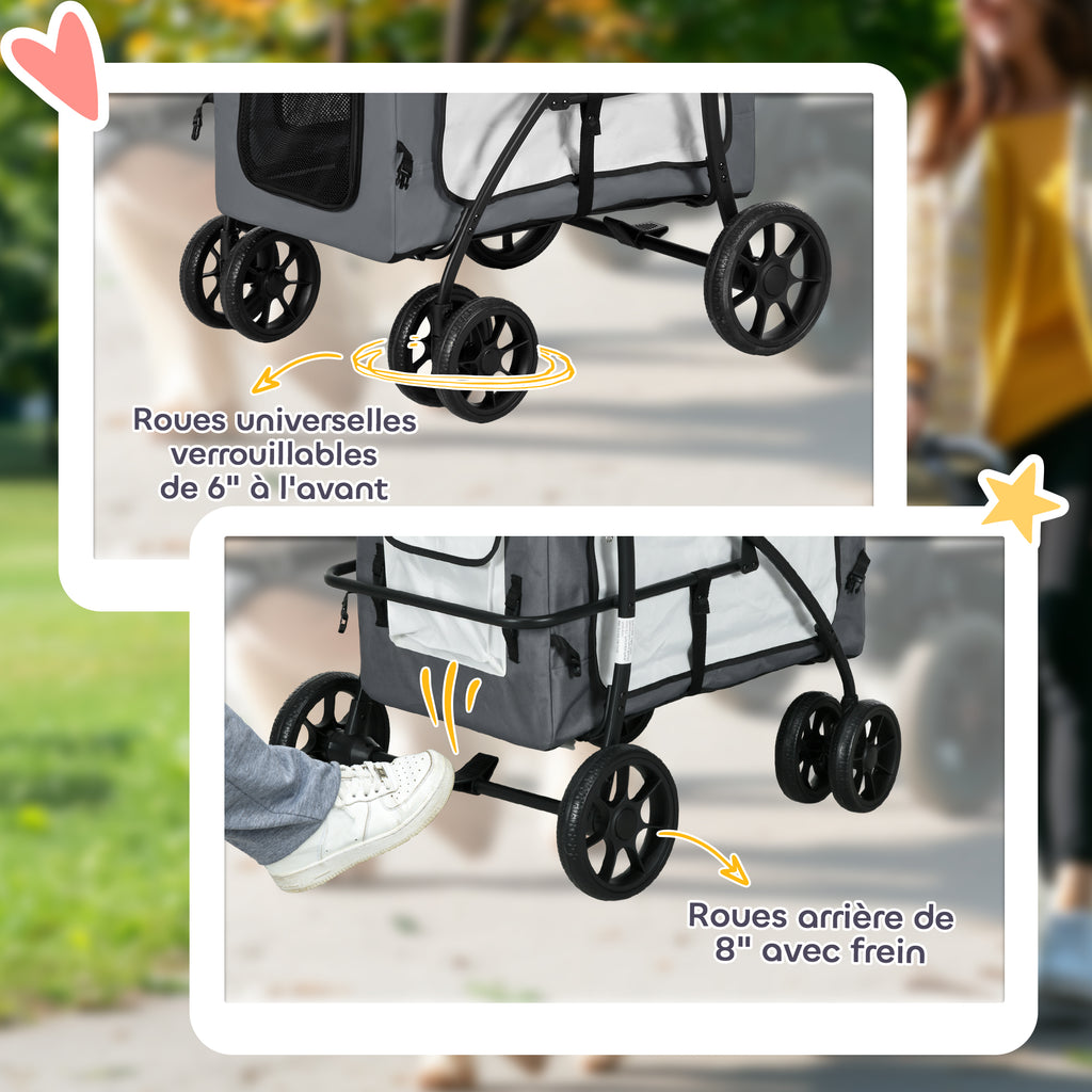 Poussette pliable animaux chien chat nacelle amovible bandoulières 4 roues 81 x 58 x 97,5 cm gris-6