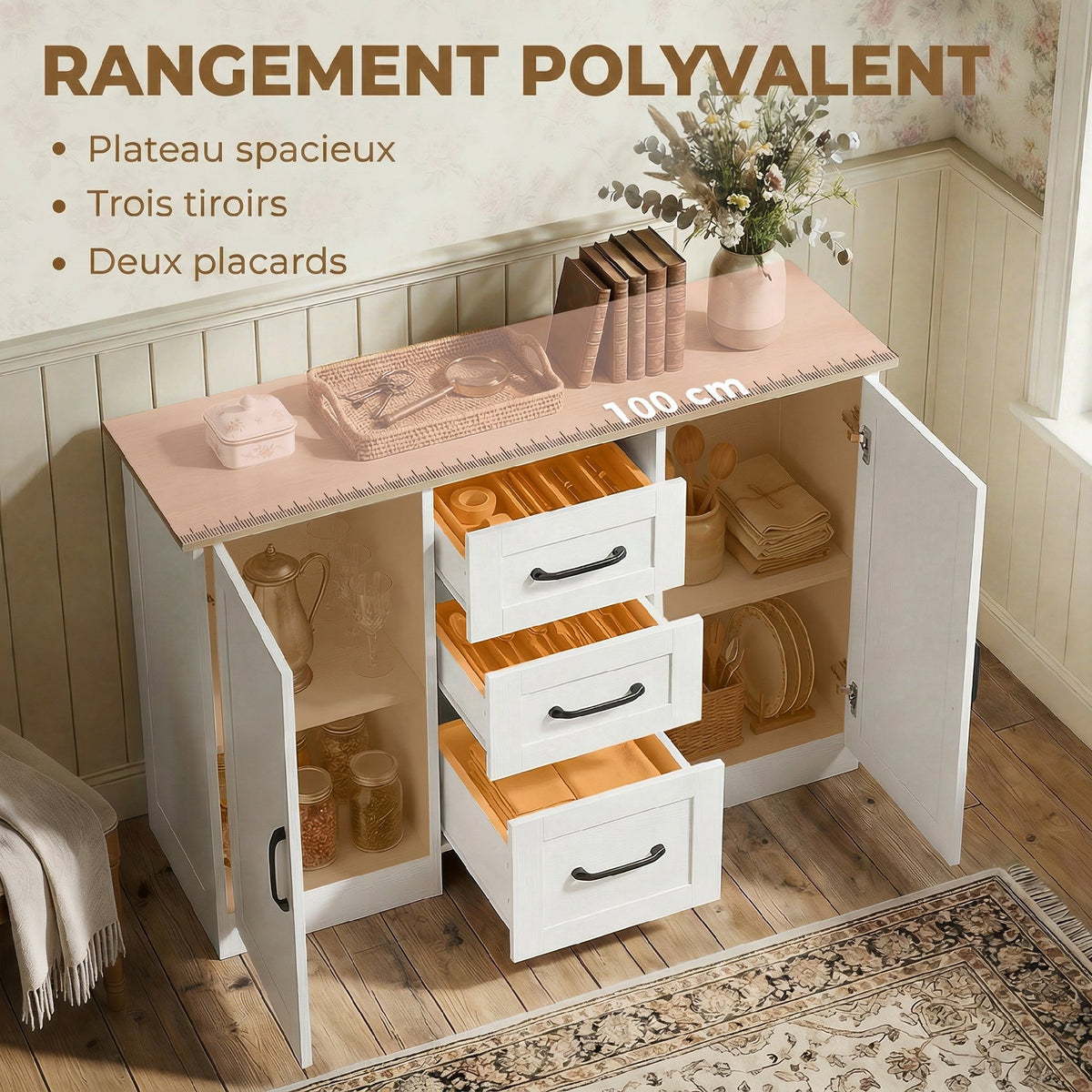 Buffet salon, meuble de rangement avec 2 portes à fermeture douce et 3 tiroirs, 110x35x80,4cm, blanc et bois naturel-3