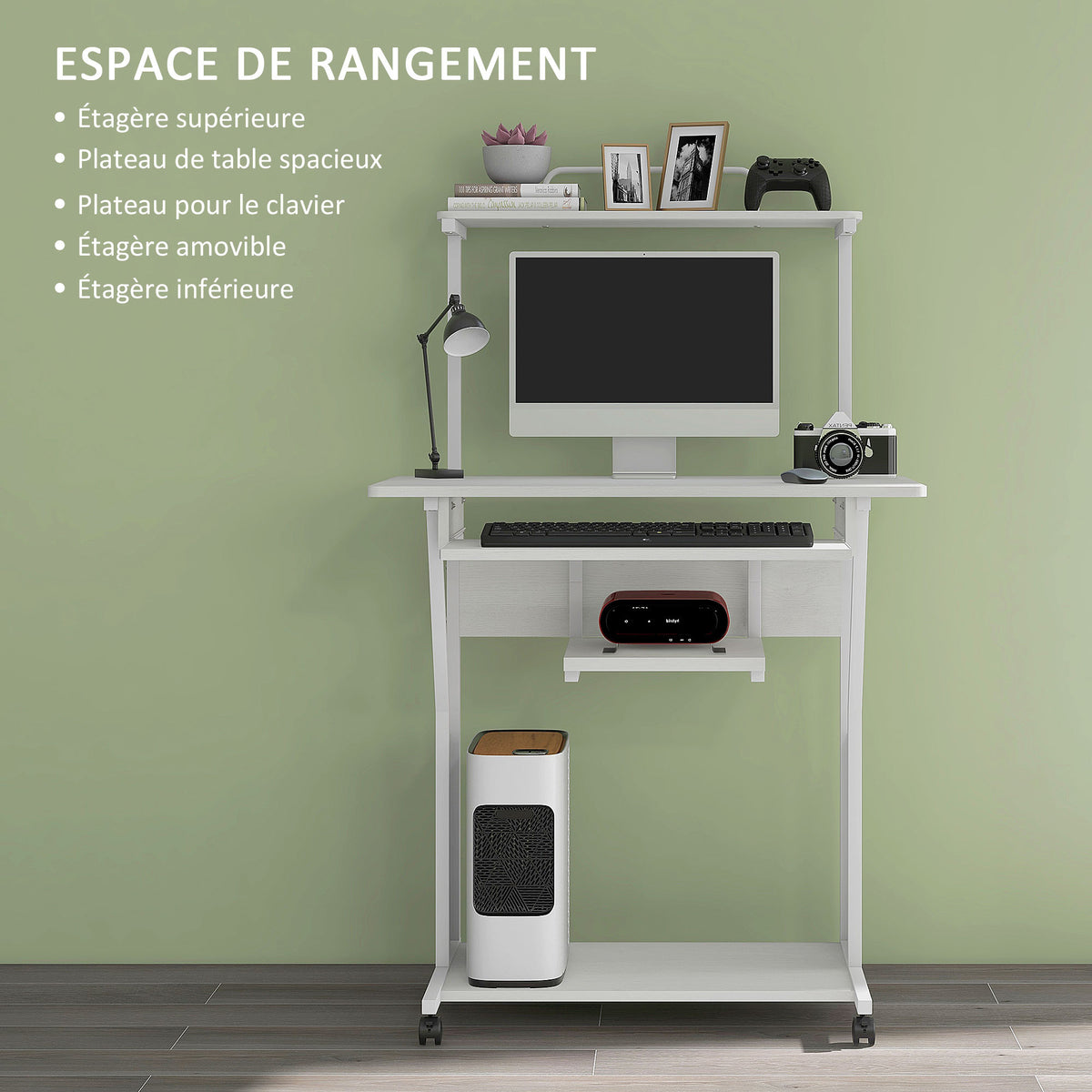 Bureau d'ordinateur roulant avec étagères de rangement, poste de travail et plateau pour clavier, 80x50x130cm, blanc-3
