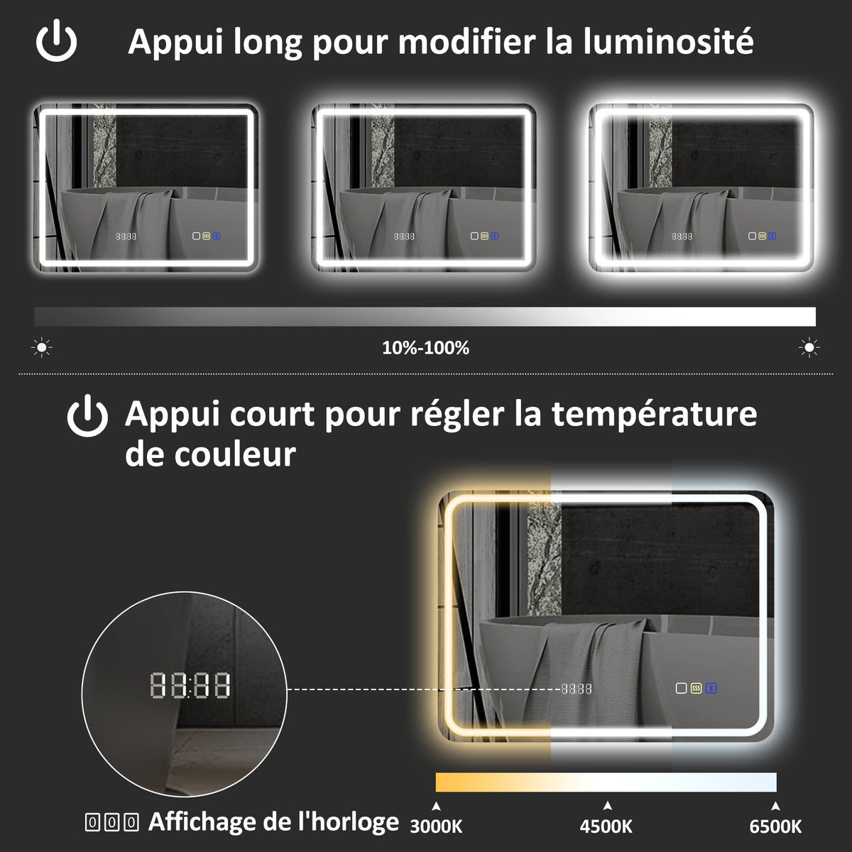 Miroir salle de bain Bluetooth avec éclairage LED 60 x 80 cm, miroir lumineux mural avec horloge, antibuée, argenté-5