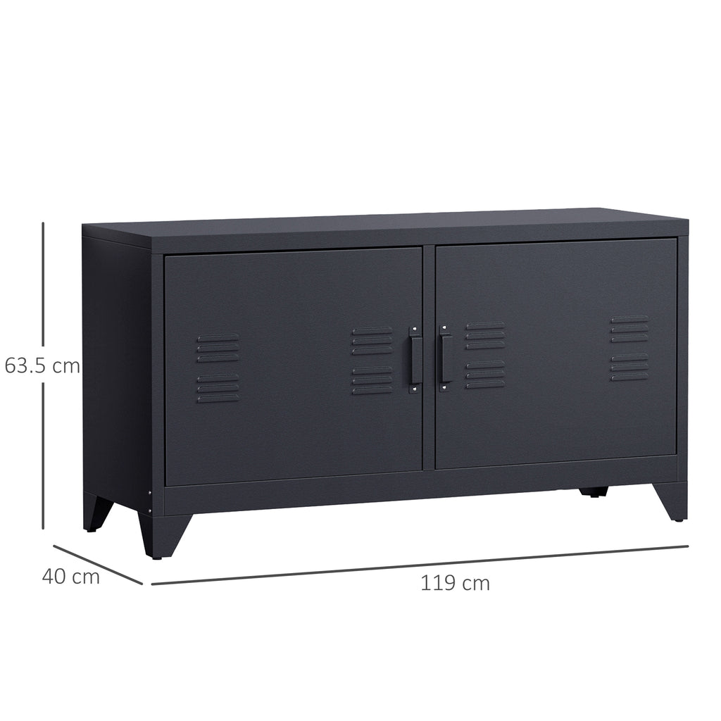 Meuble TV banc télévision design industriel 2 placards avec 2 étagères réglables passe-câbles structure acier noir-2