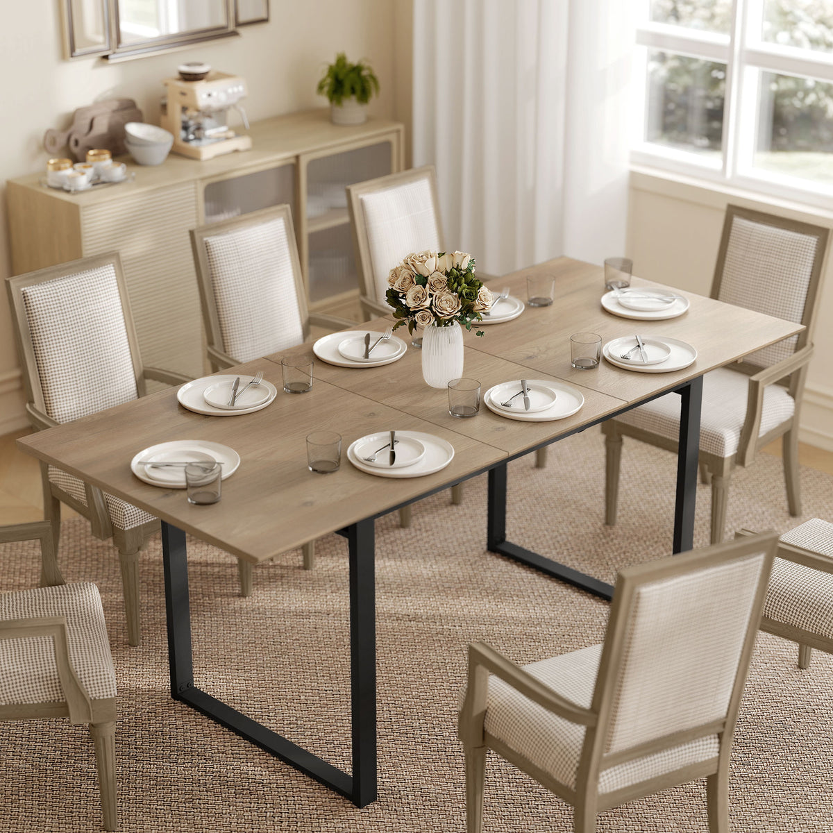Table à manger extensible rectangle pour 6 à 8 personnes, table de cuisine avec rallonge 140-180 cm, effet bois naturel-1