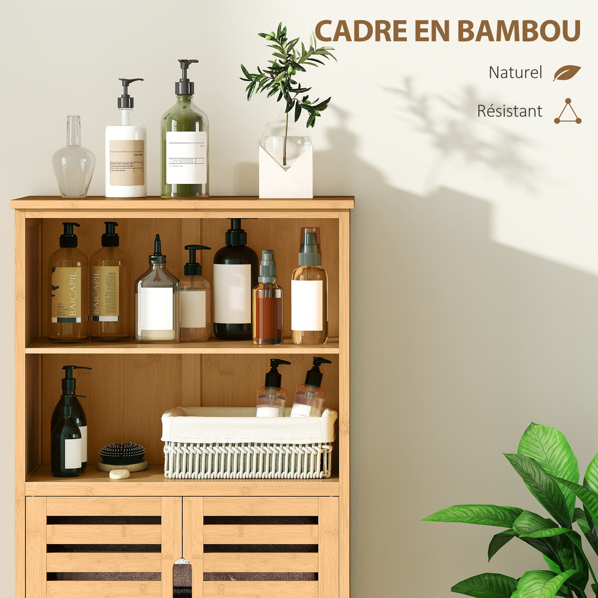 Meuble de rangement salle de bain en bambou avec 2 portes ajourées et 2 compartiments 50 x 29 x 92 cm naturel-4