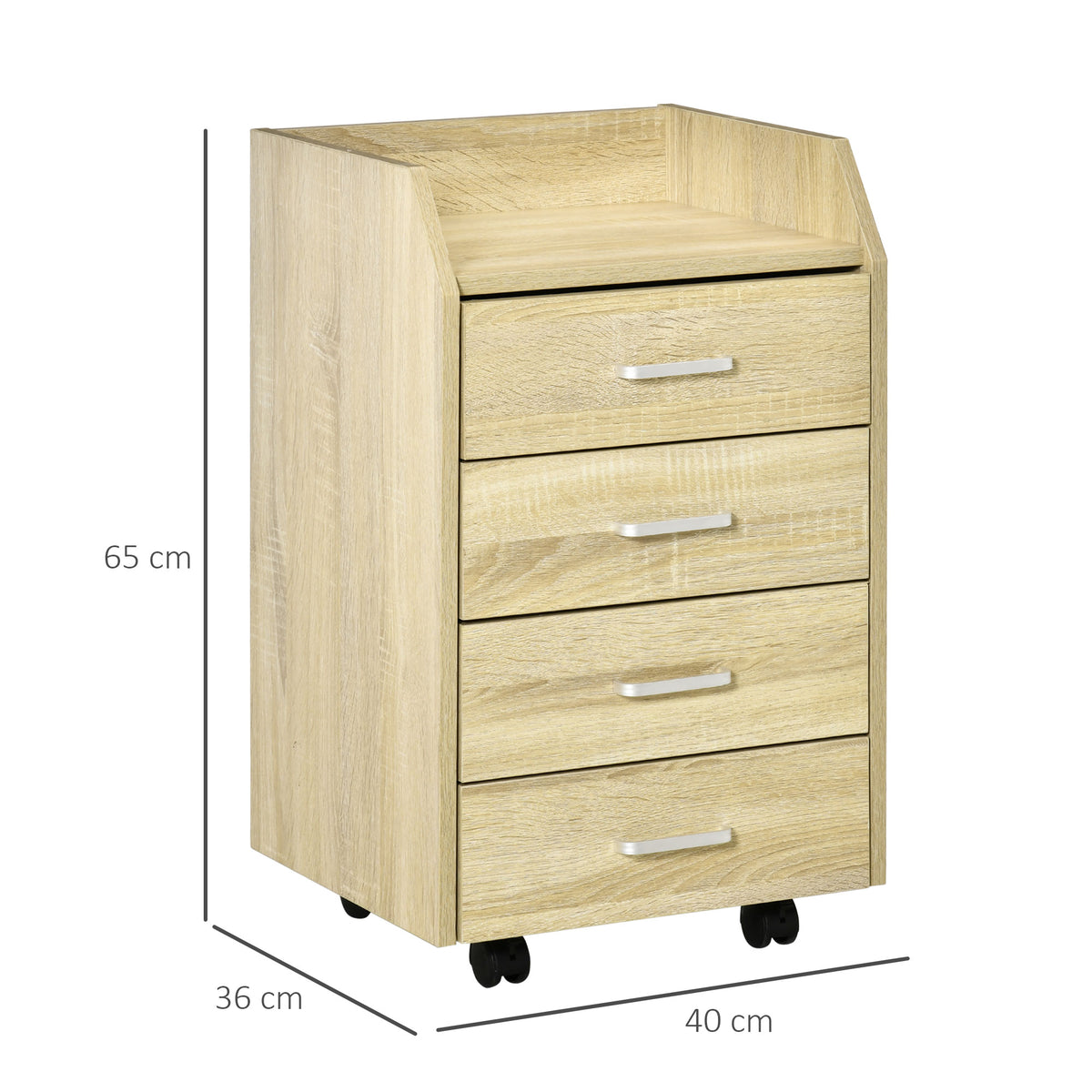 Caisson bureau rangement sur roulettes 4 tiroirs coulissants MDF et panneaux particules 40x36x65cm bois naturel-2