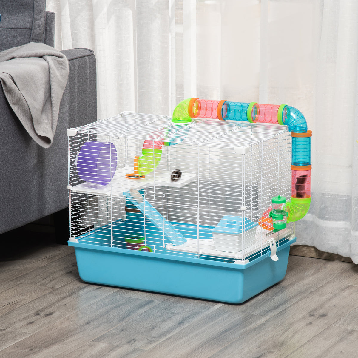 Cage à hamster rat rongeur 3 niveaux avec tunnel, biberon eau, roue, maisonnette, échelles dim. 59L x 36l x 47H cm-1