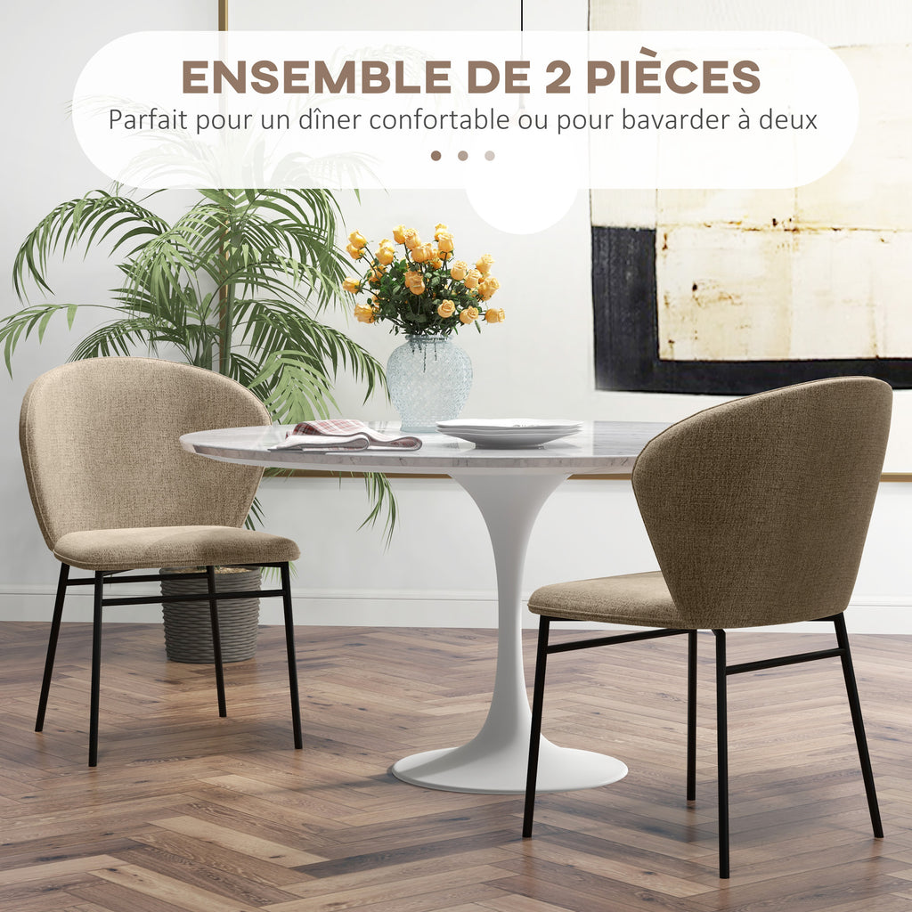 Lot de 2 chaises de salle à manger assise rembourrée en tissu aspect lin pieds en acier stable design moderne marron clair-3