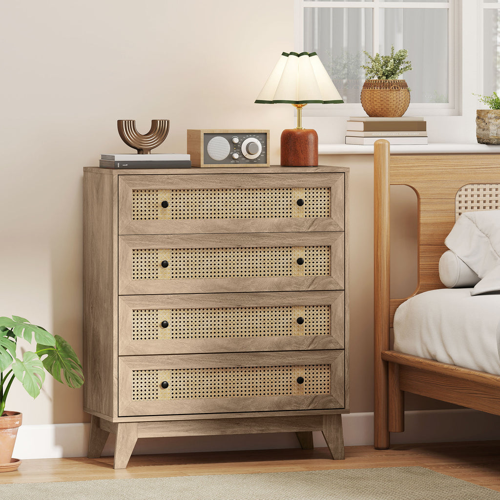 Commode 4 tiroirs meuble de rangement cannage en rotin aspect bois clair 80 x 35 x 95 cm-1