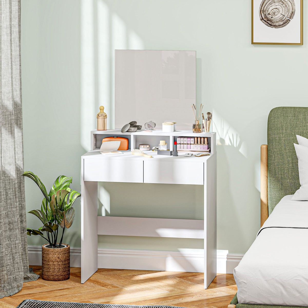 Coiffeuse avec miroir, table de maquillage avec 2 tiroirs et 3 compartiments, style moderne, 75 x 38 x 135 cm, blanc-9