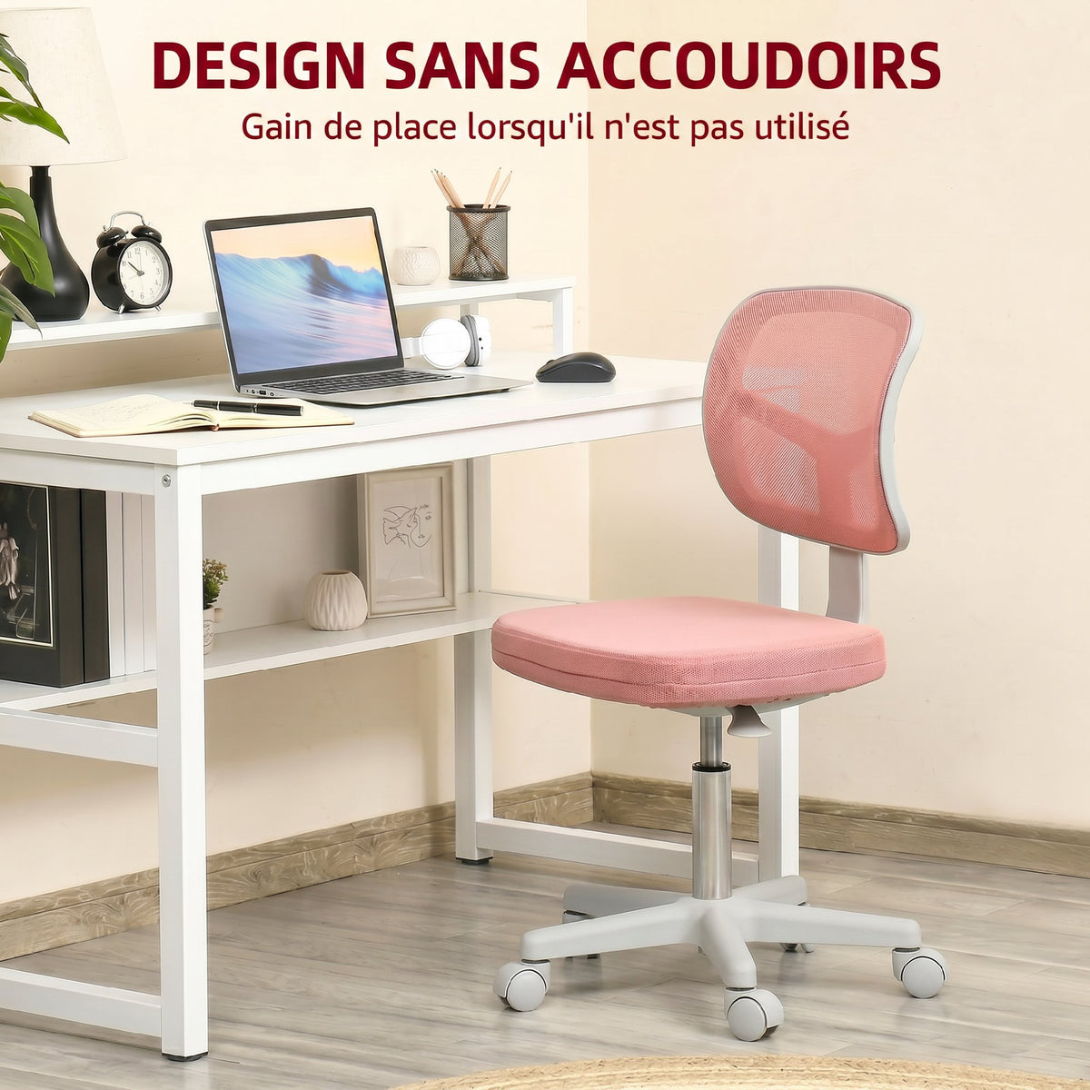 Chaise de Bureau Ergonomique Sans Accoudoirs, Fauteuil de Bureau Pivotant, Dossier Courbé en Maille et Roulettes, Rose-4