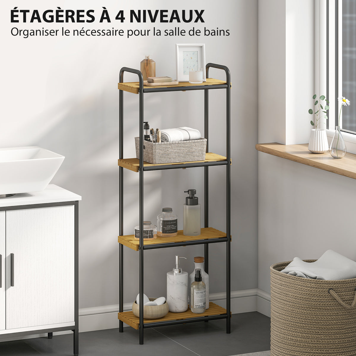 Étagère salle de bain étagère de rangement 4 niveaux étroite autoportante bambou 1,5 x 21,5 x 106 cm effet bois naturel-3