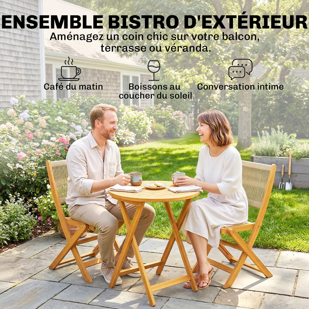 Salon de Jardin Ensemble Bistro 3 Pièces Table Ronde et 2 Chaises Pliables Design Boho Bois d'Acacia Cordage PP Naturel-3