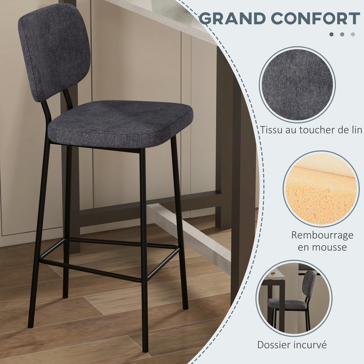 Lot de 2 tabourets de bar chaises hautes chaises de cuisine avec repose-pieds et dossier en tissu de lin et acier-4