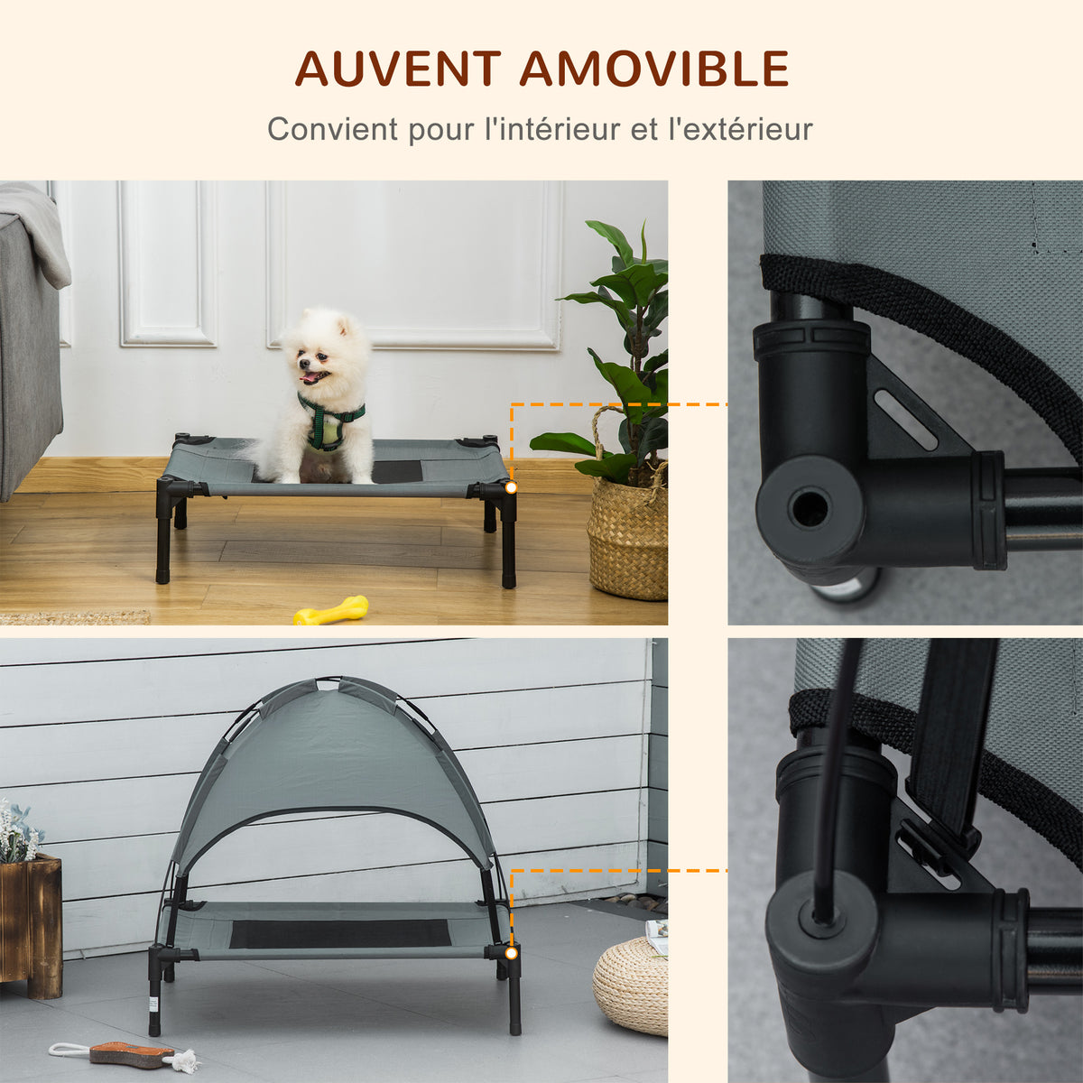 Lit chien sureleve avec parasol, lit de camp chien chat sur pieds tissu Oxford respirant, anti-UV cadre en métal sac de transport inclus couchage extérieur pour chat 161 x 46 x 61 cm gris noir-4