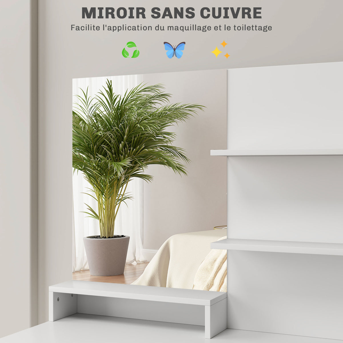 Ensemble coiffeuse avec miroir et tabouret, tiroir, armoire étagère réglable pour la chambre 80l x 40P x 132H cm, blanc-5