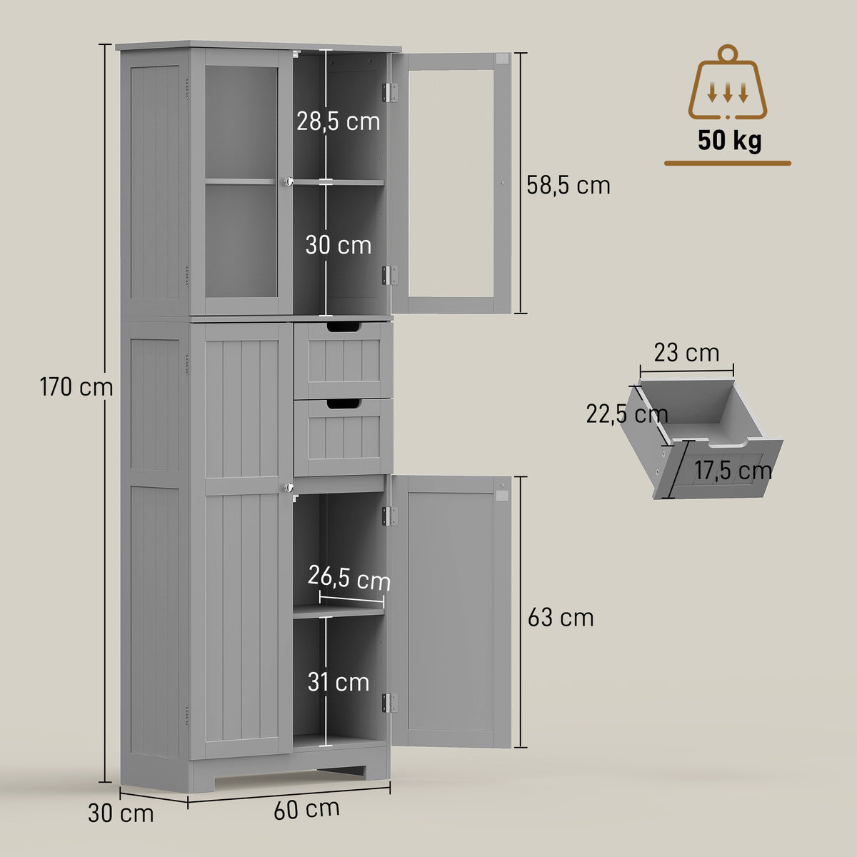Meuble de salle de bain haut, meuble de rangement avec 4 portes dont 2 vitrées, 2 tiroirs et étagères réglables, gris-2