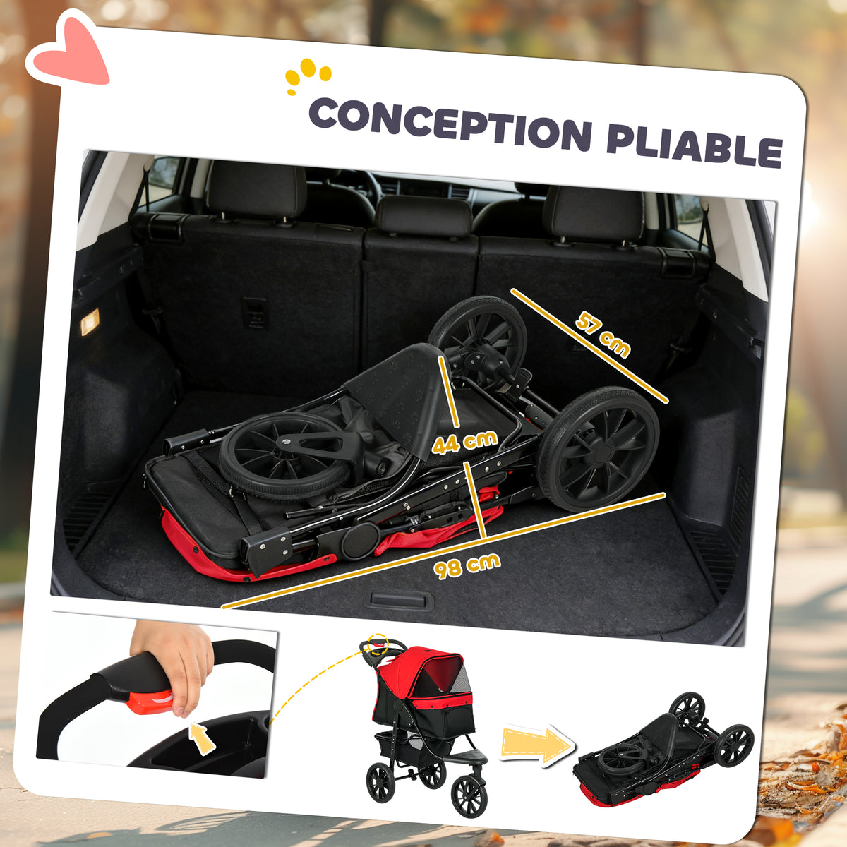 Poussette pour chien chariot pliable 3 roues tout-terrain EVA 12" auvent ajustable 2 laisses 109,5x57,5x106,5cm rouge-5