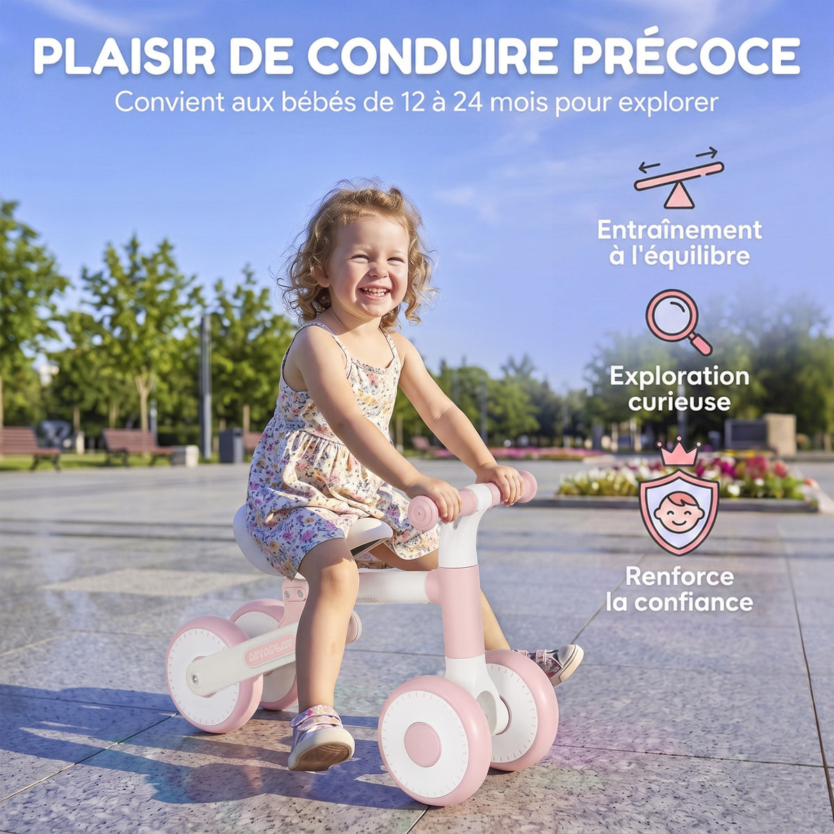Draisienne Bébé 1-2 Ans Pliable, Siège Réglable, Direction Limitée à 135°, Pneus EVA Silencieux, 52x23x36,5cm, Rose-3