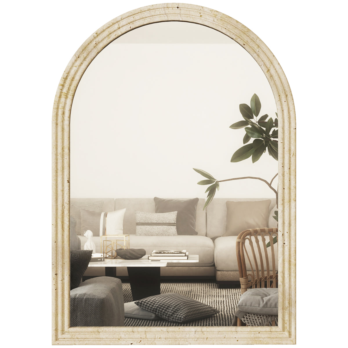 Miroir Mural Arqué, Miroir Moderne avec Bord Rainuré et Crochets, Verre Trempé et Polystyrène, 60 x 90 cm, Beige-0