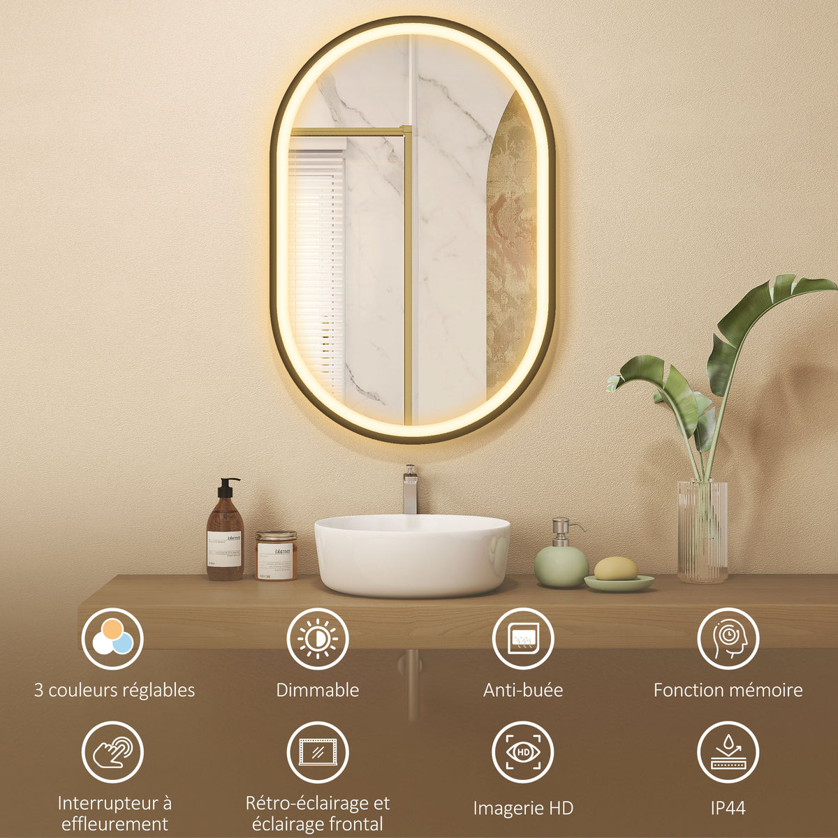 Miroir salle de bain éclairage LED 50x70cm, miroir lumineux salle de bain mural interrupteur tactile, lumière 3 couleurs-3