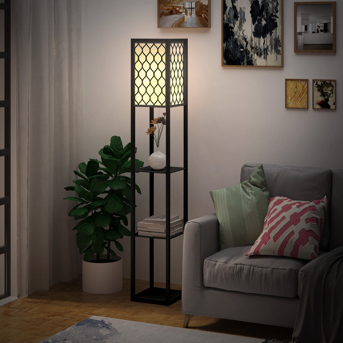 Lampadaire étagère Lampe étagère 26L x 26l x 160H cm 4 Niveaux MDF Noir Motif nid d'abeille-1