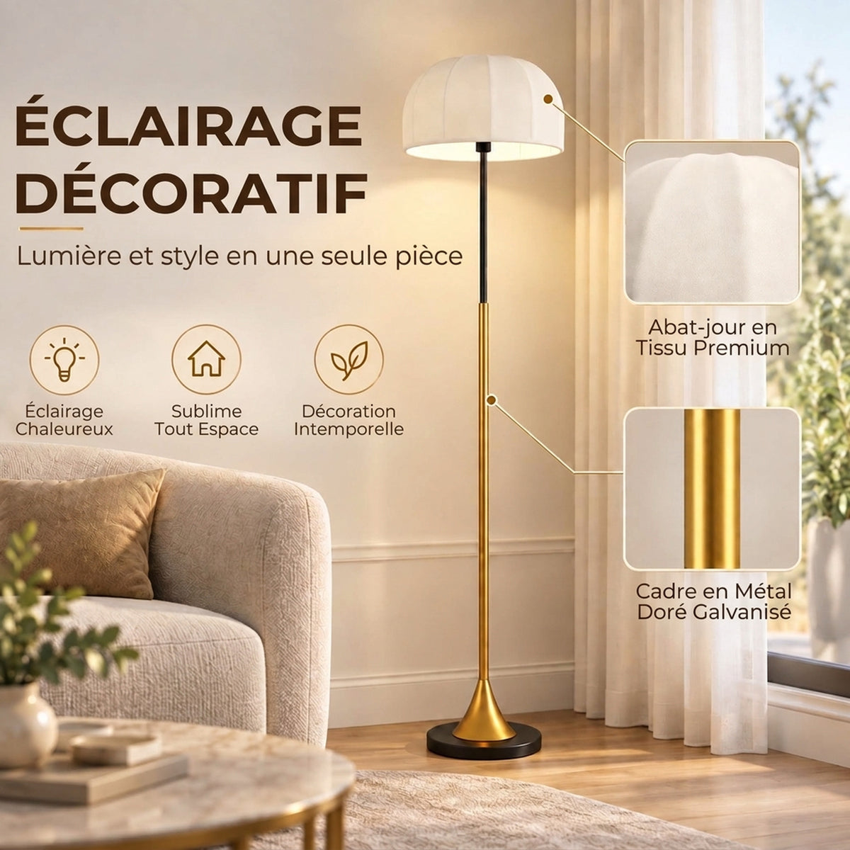 Lampadaire sur Pied Salon 40W avec Abat-Jour en Forme de Dôme, Interrupteur à Pédale, 158 cm, Doré et Blanc-3