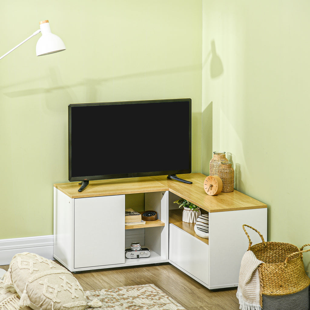 Meuble TV d'angle banc télévision jusqu'à 40 pouces avec rangements aspect bois clair et blanc-9