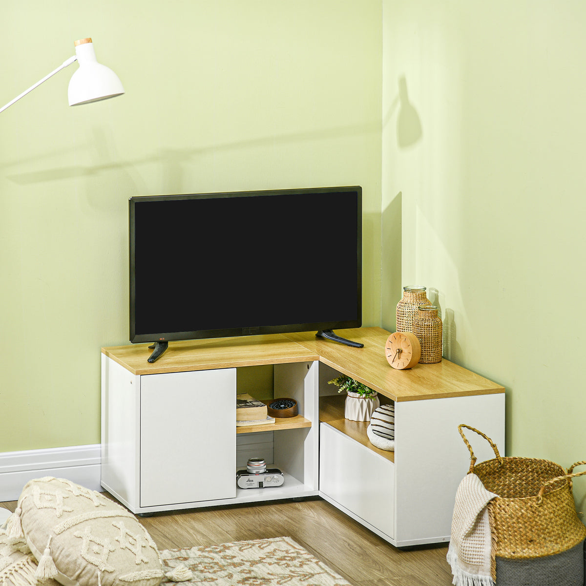 Meuble TV d'angle banc télévision jusqu'à 40 pouces avec rangements aspect bois clair et blanc-9