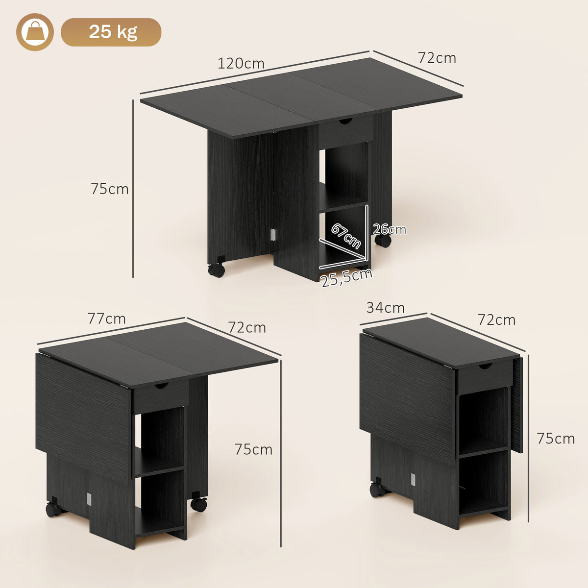 Table à Manger Pliante, Table de Cuisine Extensible pour 2 à 4 Personnes, 2 Abattants, 120 x 72 x 75 cm, Noir-2