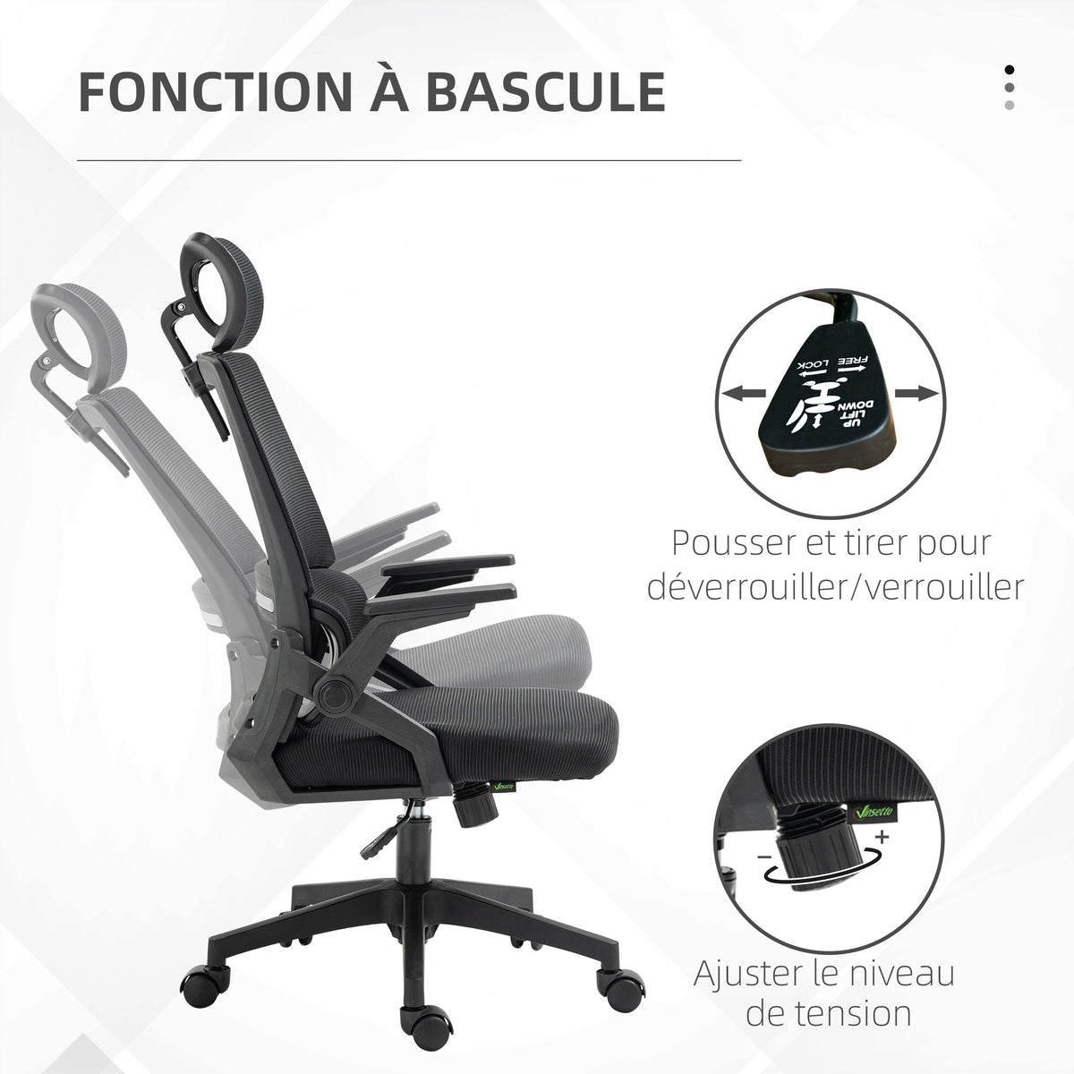 Fauteuil de bureau réglable tissu maille polyester dossier ergonomique inclinable pivotant Noir-4