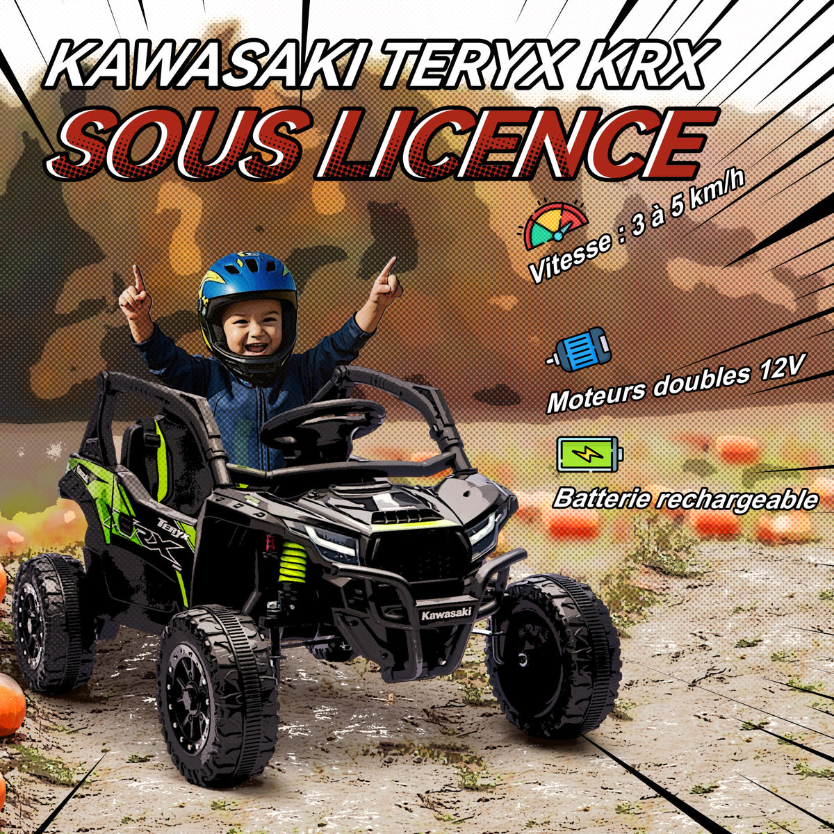 Voiture électrique enfant UTV KAWASAKI TERYX KRX 1000 12 V à 2 moteurs 25 W télécommande 2,4 Ghz 100 x 64 x 56 cm noir-3
