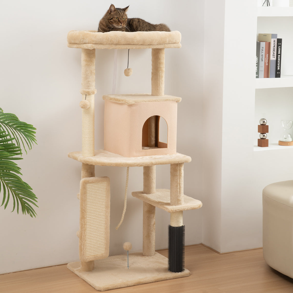 Arbre à chat, tour de jeux, hauteur de 132 cm, avec lit, maison, brosse de toilettage,  55 x 44 x 132 cm, beige-1