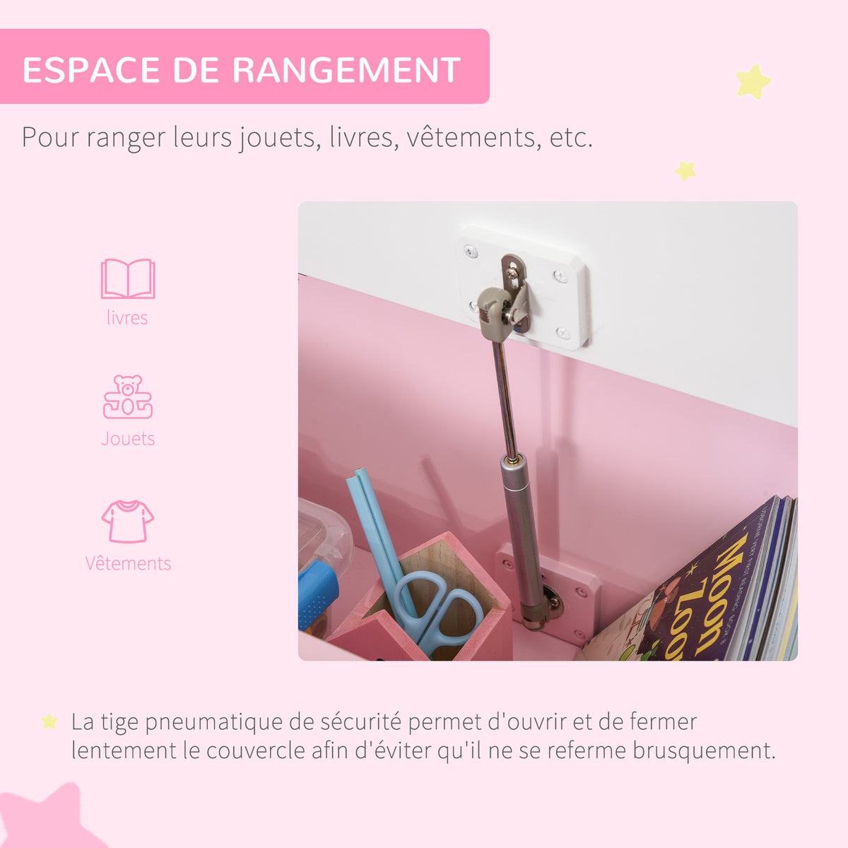 Coffre à jouet enfant banc de rangement enfant couvercle rabattable et charnières de sécurité 60 x 30 x 50 cm rose-4