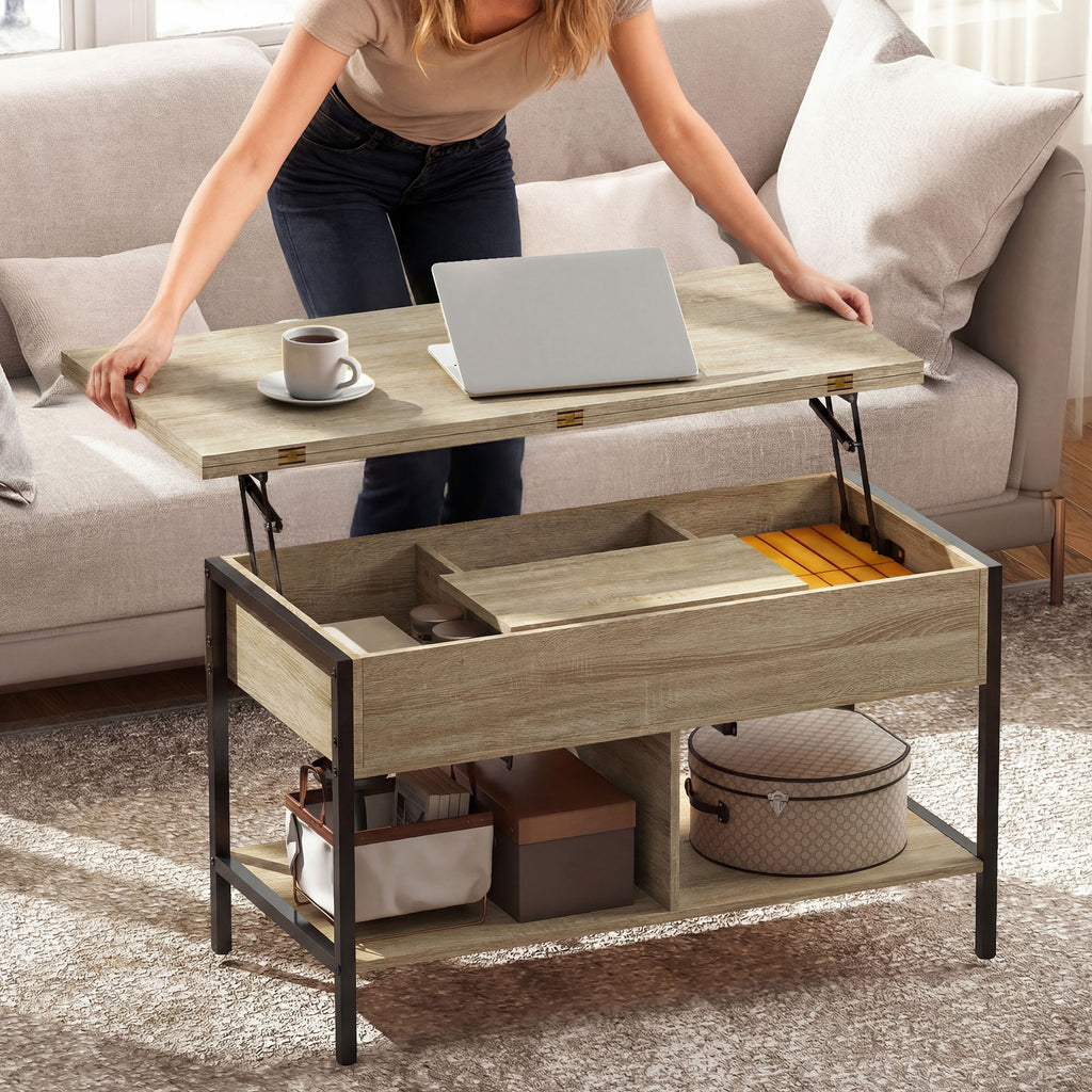 Table basse relevable et extensible, table de salon avec compartiment caché étagères ouvertes, 98x49x55cm, bois naturel-6